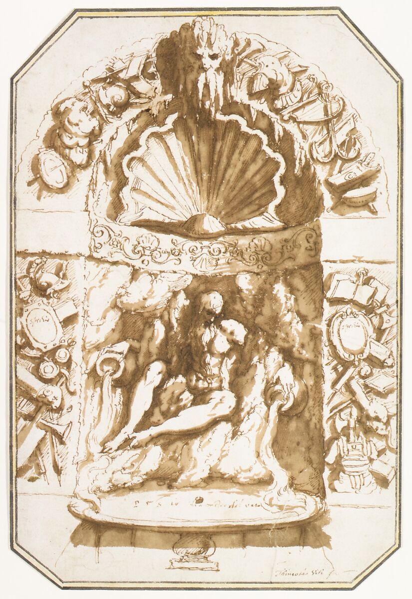 A Fountain in a Grotto, Giovanni Guerra (Italian, Modena 1544–1618 Rome), Pen and brown ink, brush and brown wash, over traces of black and red chalk