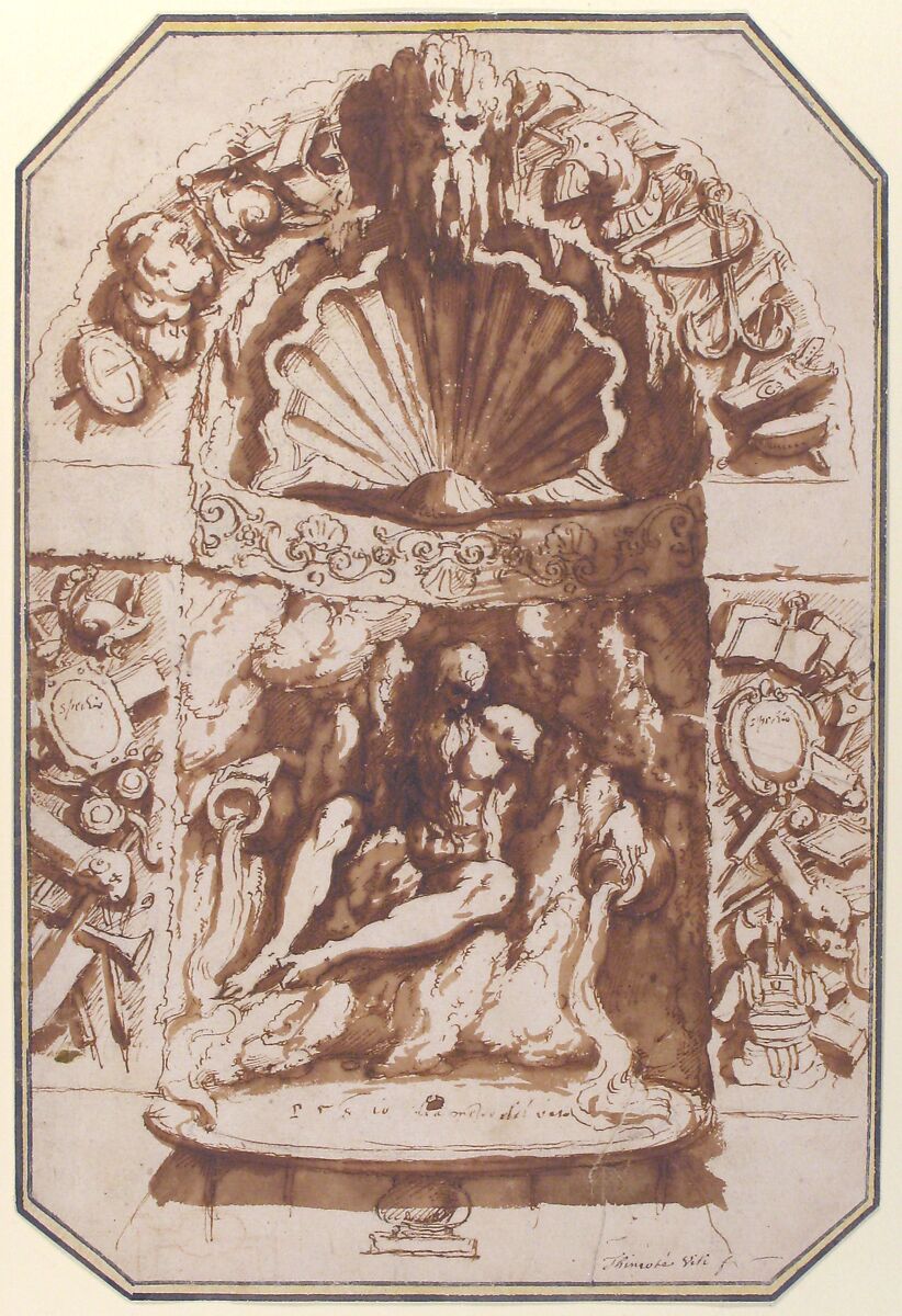 A Fountain in a Grotto, Giovanni Guerra (Italian, Modena 1544–1618 Rome), Pen and brown ink, brush and brown wash, over traces of black and red chalk