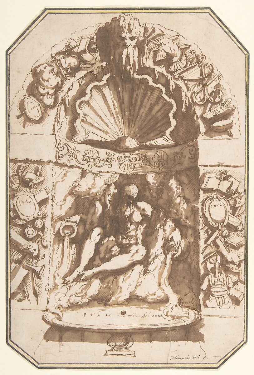 A Fountain in a Grotto, Giovanni Guerra (Italian, Modena 1544–1618 Rome), Pen and brown ink, brush and brown wash, over traces of black and red chalk 