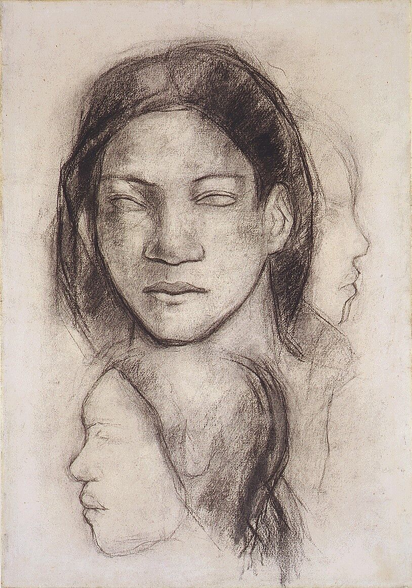 Tahitian Faces (Frontal View and Profiles), Paul Gauguin (French, Paris 1848–1903 Atuona, Hiva Oa, Marquesas Islands), Charcoal on laid paper
