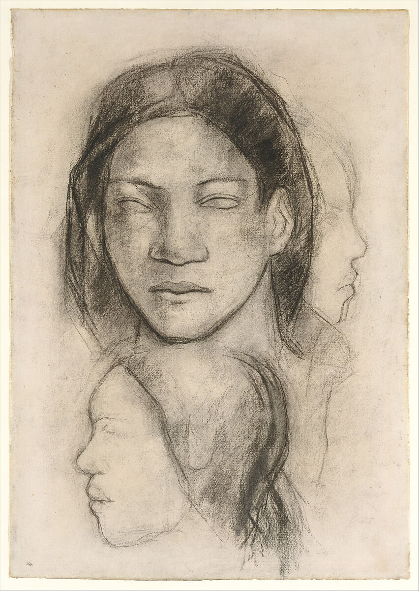 Tahitian Faces (Frontal View and Profiles), Paul Gauguin (French, Paris 1848–1903 Atuona, Hiva Oa, Marquesas Islands), Charcoal on laid paper 