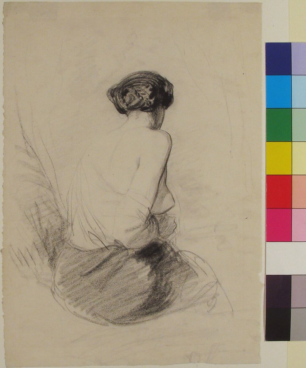Woman Seated, Seen from Back, Paul Gavarni [Chevalier] (French, Paris 1804–1866 Paris), Black chalk on paper