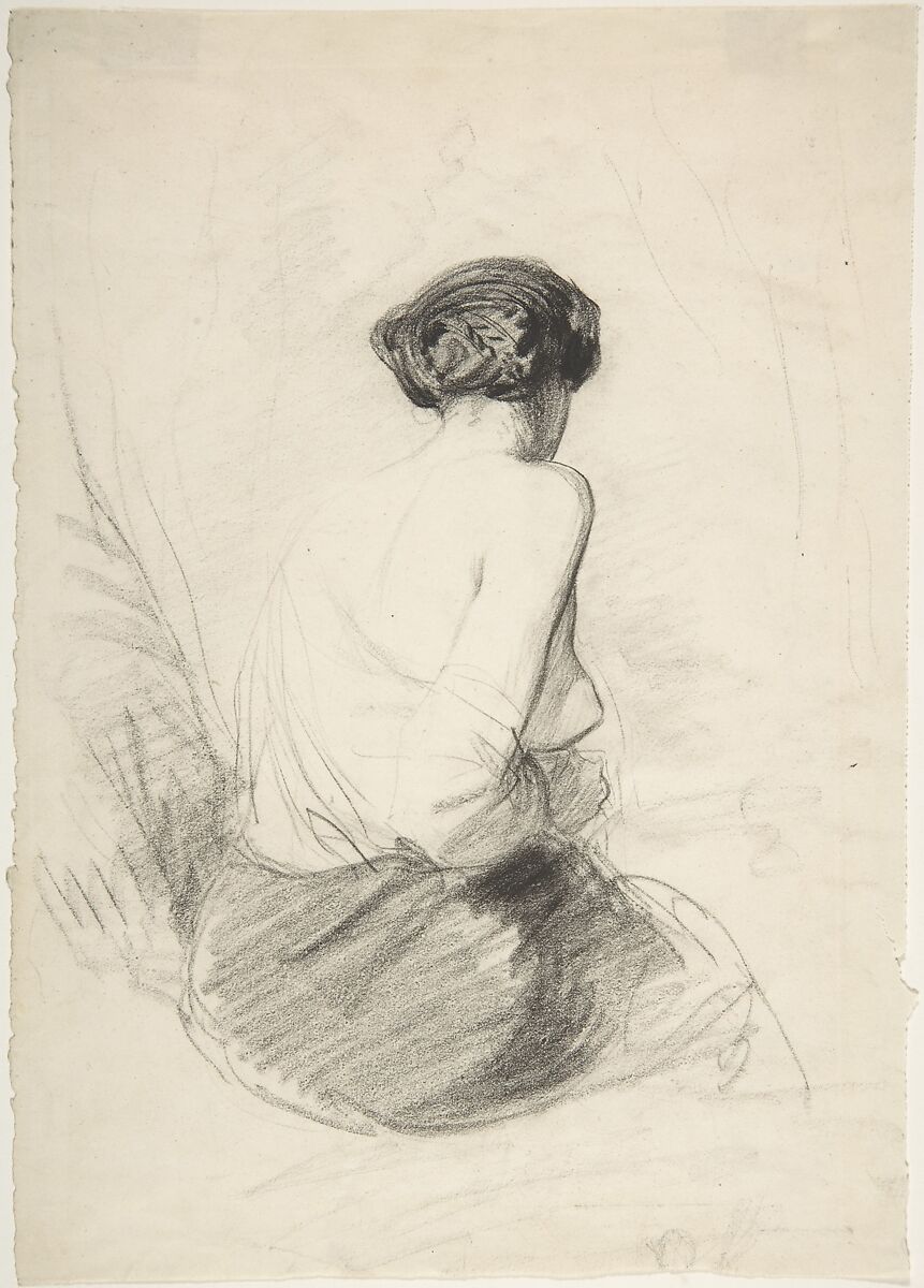 Woman Seated, Seen from Back, Paul Gavarni [Chevalier] (French, Paris 1804–1866 Paris), Black chalk on paper 