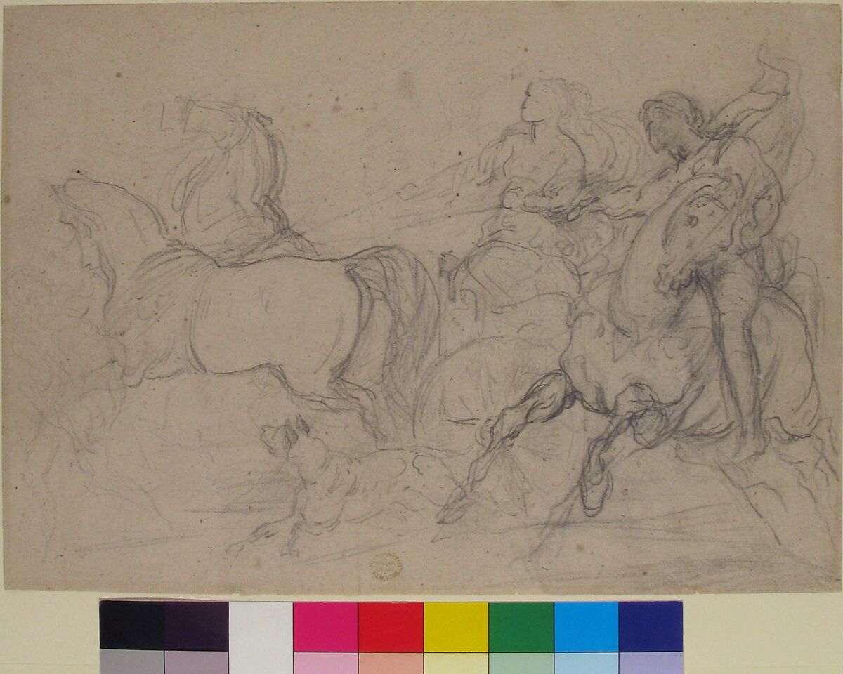Charioteer and Horseman, Théodore Géricault (French, Rouen 1791–1824 Paris), Graphite on light gray paper