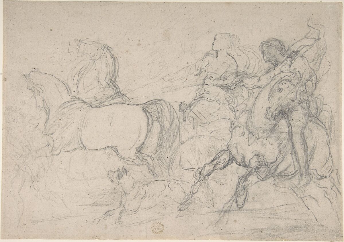 Charioteer and Horseman, Théodore Gericault (French, Rouen 1791–1824 Paris), Graphite on light gray paper 