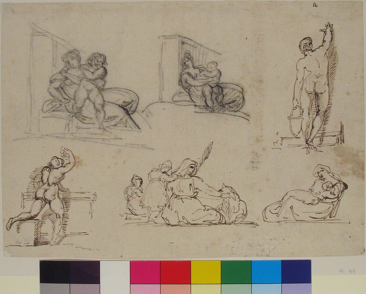 Six Figure Studies, including four for "The Poor Italian Family", Théodore Géricault (French, Rouen 1791–1824 Paris), Black chalk, pen and brown ink