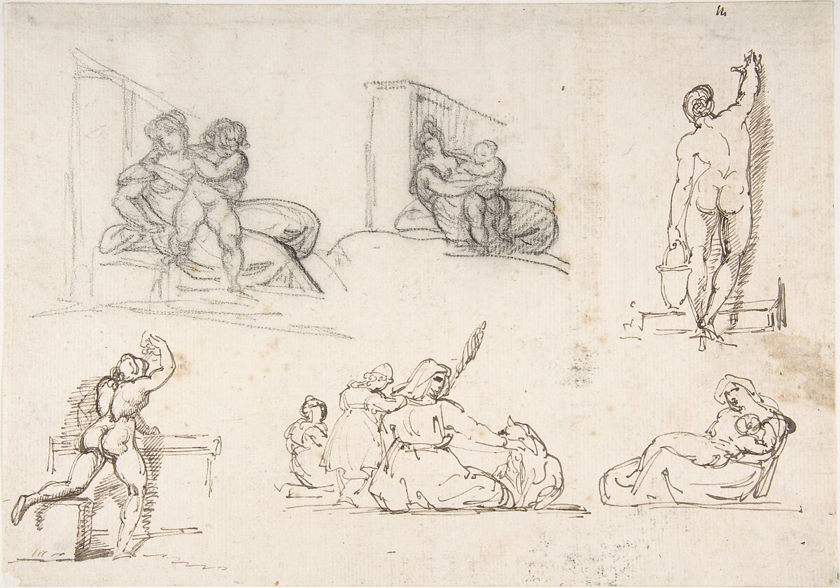 Six Figure Studies, including four for The Poor Italian Family, Théodore Gericault (French, Rouen 1791–1824 Paris), Black chalk; pen and brown ink 