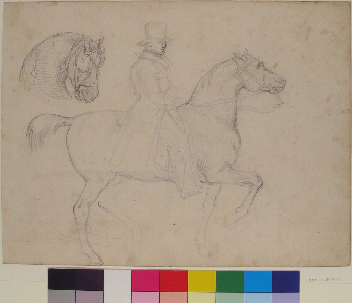 Man on Horseback, and Study of Horse's Head, Théodore Géricault (French, Rouen 1791–1824 Paris), Black chalk