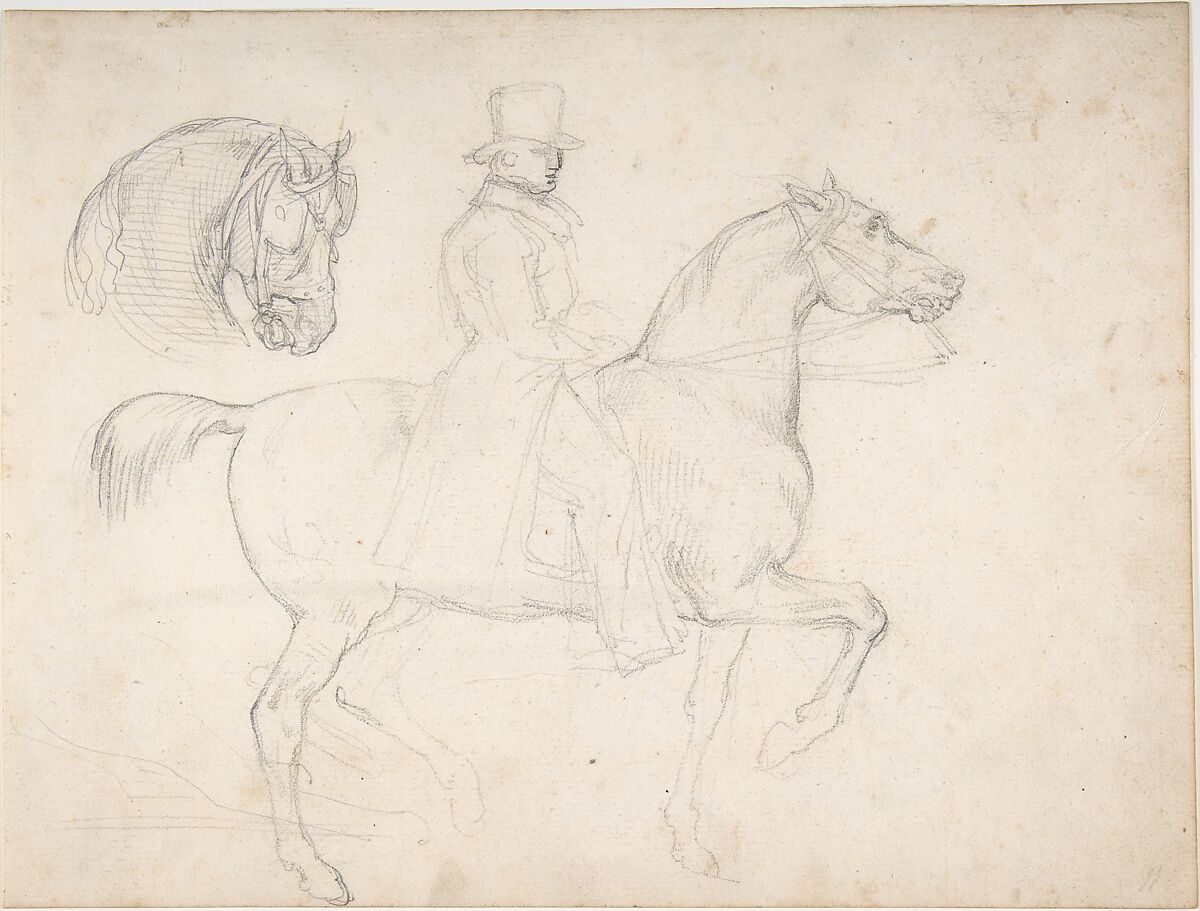Man on Horseback, and Study of Horse's Head, Théodore Gericault (French, Rouen 1791–1824 Paris), Black chalk 