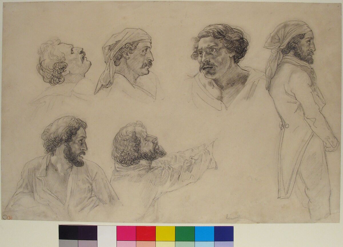 Six studies for Corréard and Savigny in the "Raft of the Medusa", Théodore Géricault (French, Rouen 1791–1824 Paris), Black chalk