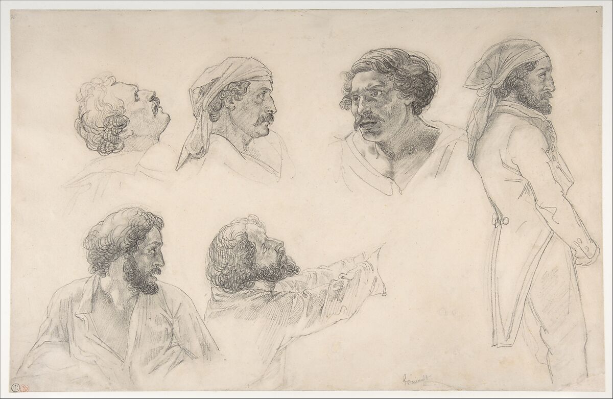 Six studies for Corréard and Savigny in the "Raft of the Medusa", Théodore Gericault (French, Rouen 1791–1824 Paris), Black chalk 