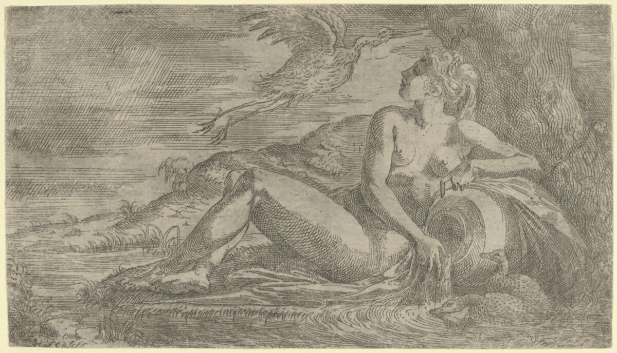 Nymph Watching a Heron Flying Away, Léon Davent (French, active 1540–56), Etching 