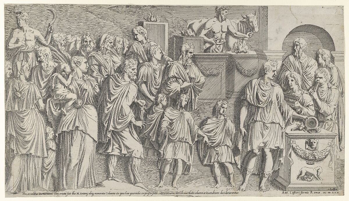 A  sacrifice, copied from Trajan's column, Léon Davent (French, active 1540–56), Etching 