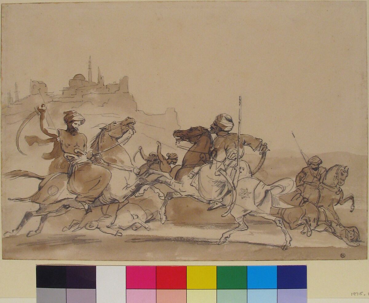 Combat of Oriental Horsemen, Théodore Géricault (French, Rouen 1791–1824 Paris), Brush and brown wash, over graphite