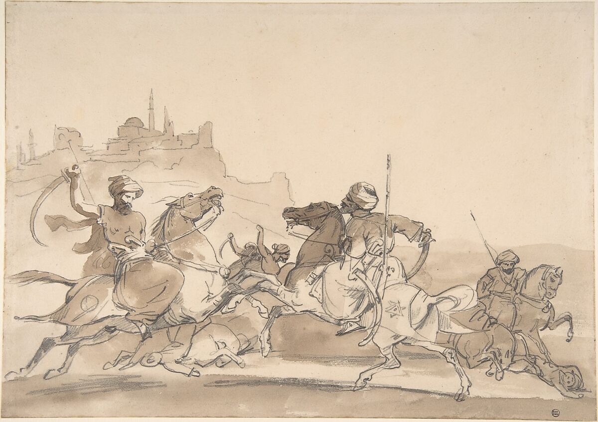 Combat of Oriental Horsemen, Théodore Gericault (French, Rouen 1791–1824 Paris), Brush and brown wash, over graphite 
