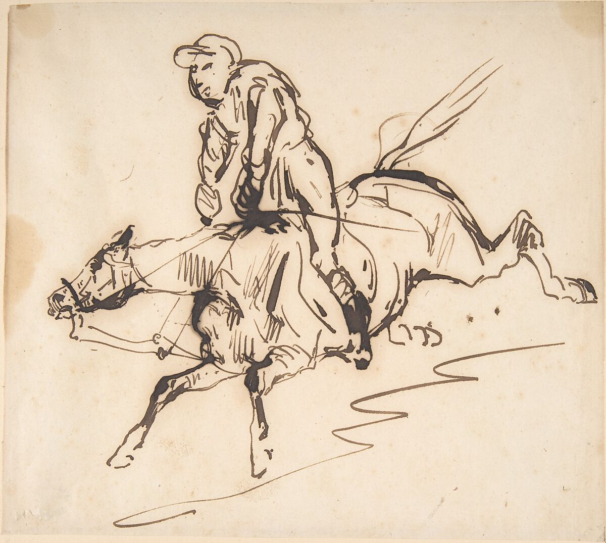 Jockey on a Horse, Anonymous, French, 19th century, Pen and brown ink 