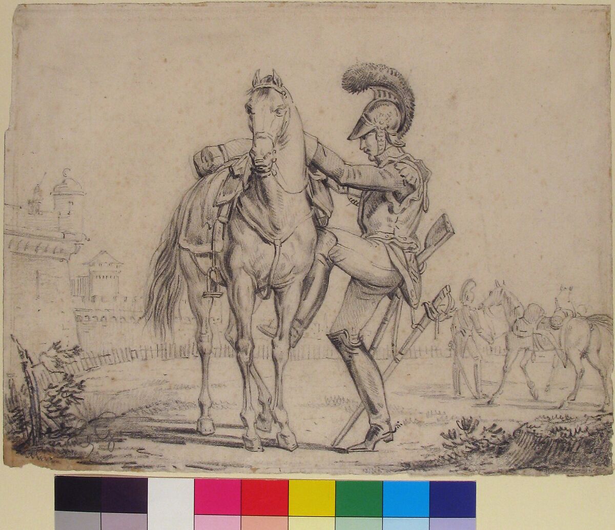 Soldier Mounting a Horse, Attributed to Théodore Géricault (French, Rouen 1791–1824 Paris), Black chalk