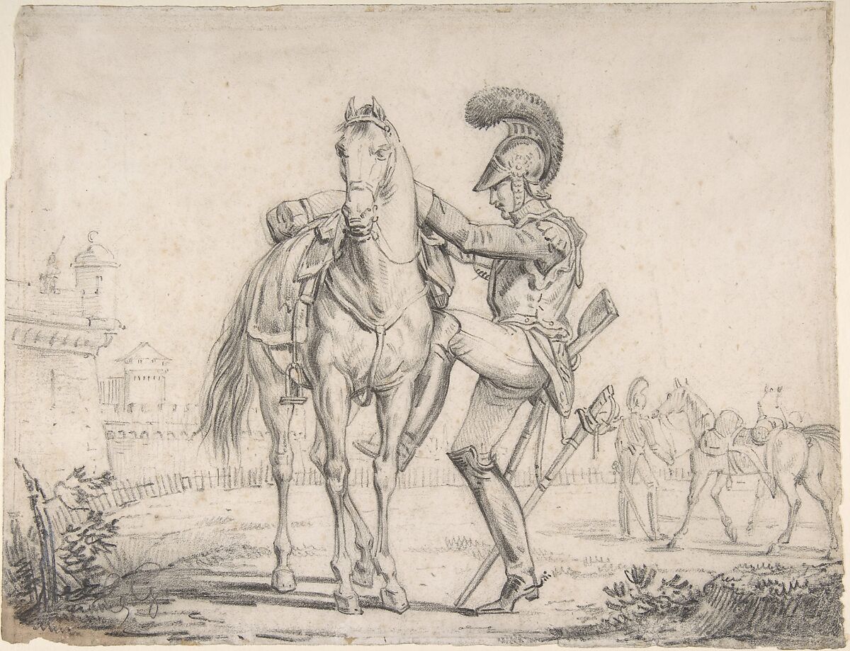 Soldier Mounting a Horse, Attributed to Théodore Gericault (French, Rouen 1791–1824 Paris), Black chalk 