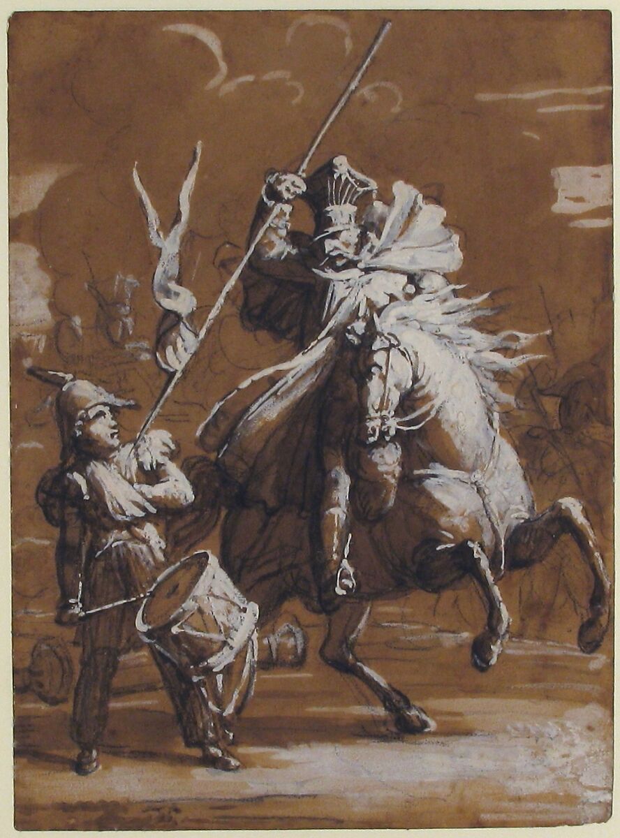 Drummer Boy Attacked by a Cossack, Jean Victor Schnetz (French, Versailles 1787–1870 Paris), Brush and brown wash, heightened with white, over black chalk