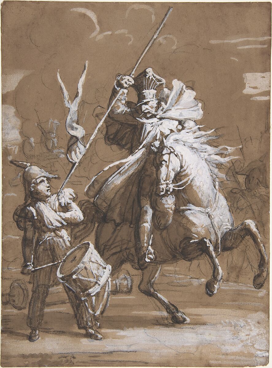 Drummer Boy Attacked by a Cossack, Jean Victor Schnetz  French, Brush, brown wash, heightened with white over black chalk on brown wove paper