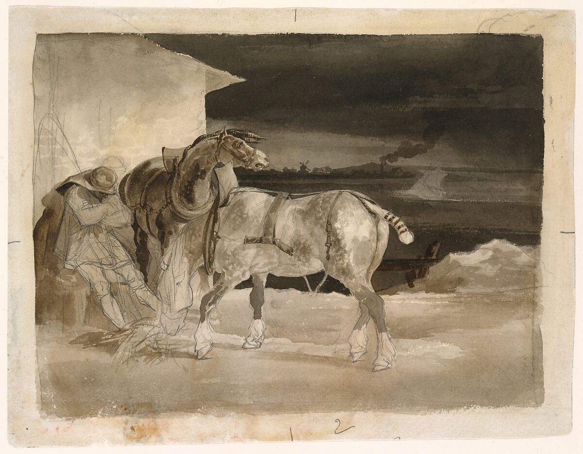Two Draft Horses with a Sleeping Driver, Théodore Géricault (French, Rouen 1791–1824 Paris), Brush and brown and gray wash, over graphite
