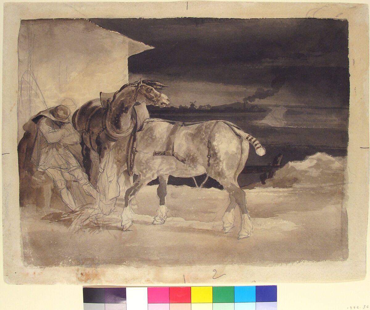 Two Draft Horses with a Sleeping Driver, Théodore Géricault (French, Rouen 1791–1824 Paris), Brush and brown and gray wash, over graphite