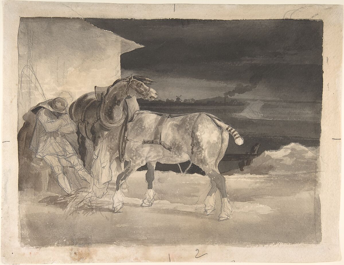 Two Draft Horses with a Sleeping Driver, Théodore Gericault (French, Rouen 1791–1824 Paris), Brush and brown and gray wash, over graphite 