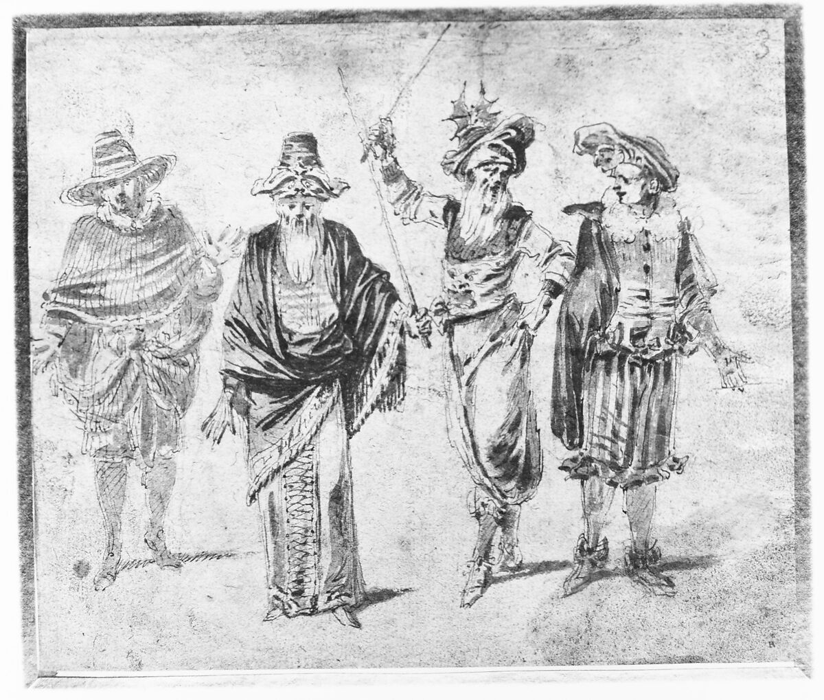 Figures in Theatrical Costumes, Claude Gillot (French, Langres 1673–1722 Paris), Pen and brown ink, brush and red wash, over red chalk
