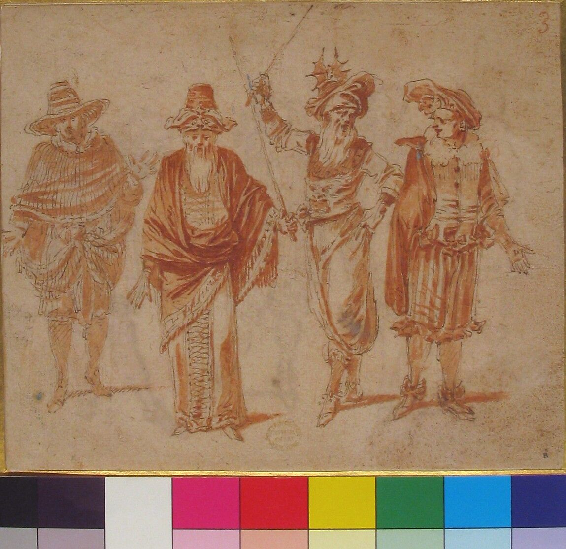 Figures in Theatrical Costumes, Claude Gillot (French, Langres 1673–1722 Paris), Pen and brown ink, brush and red wash, over red chalk