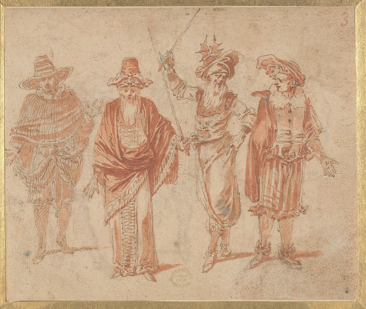 Figures in Theatrical Costumes, Claude Gillot (French, Langres 1673–1722 Paris), Pen and brown ink, brush and red wash, over red chalk