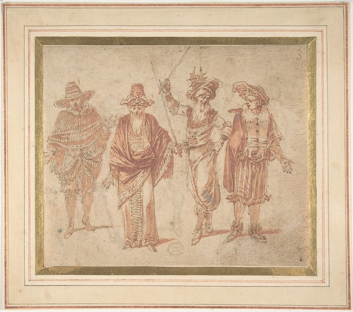 Figures in Theatrical Costumes, Claude Gillot (French, Langres 1673–1722 Paris), Pen and brown ink, brush and red wash, over red chalk 