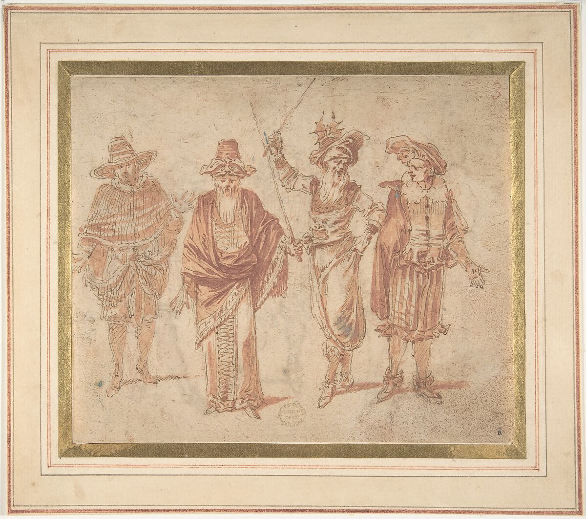 Figures in Theatrical Costumes, Claude Gillot  French, Pen and brown ink, brush and red wash, over red chalk