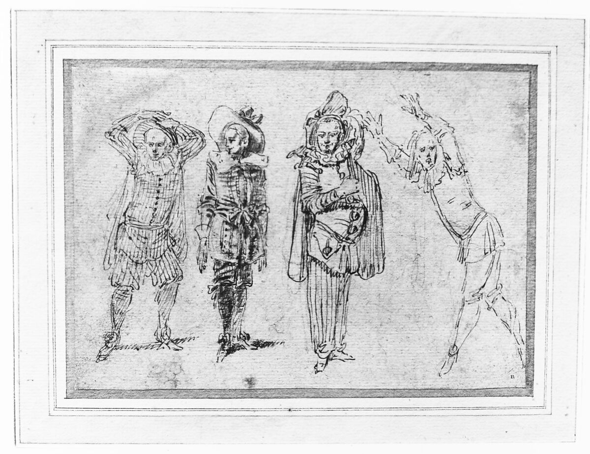 Figures in Theatrical Costumes, Claude Gillot (French, Langres 1673–1722 Paris), Pen and brown ink, brush and red wash, over red chalk