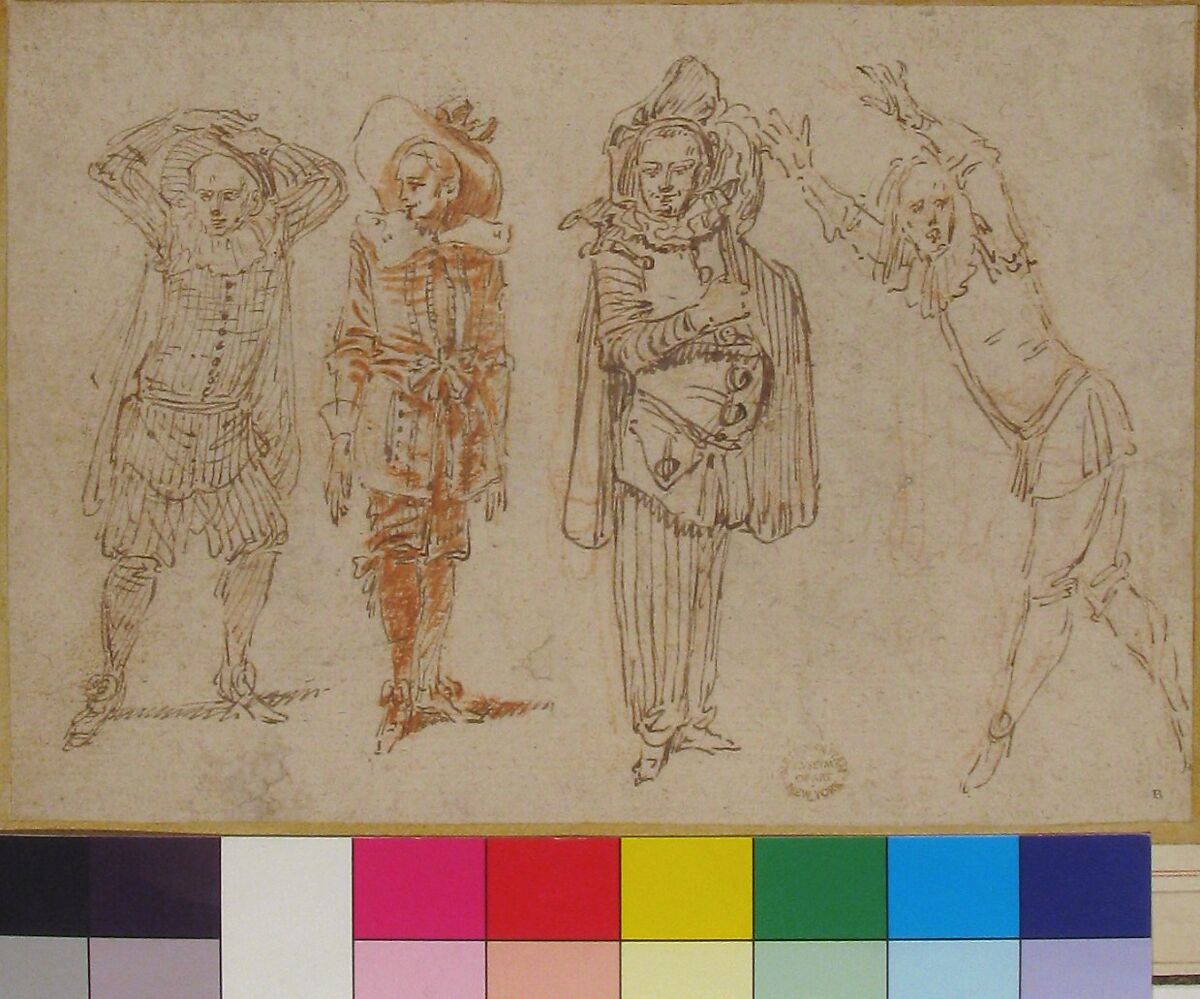 Figures in Theatrical Costumes, Claude Gillot (French, Langres 1673–1722 Paris), Pen and brown ink, brush and red wash, over red chalk
