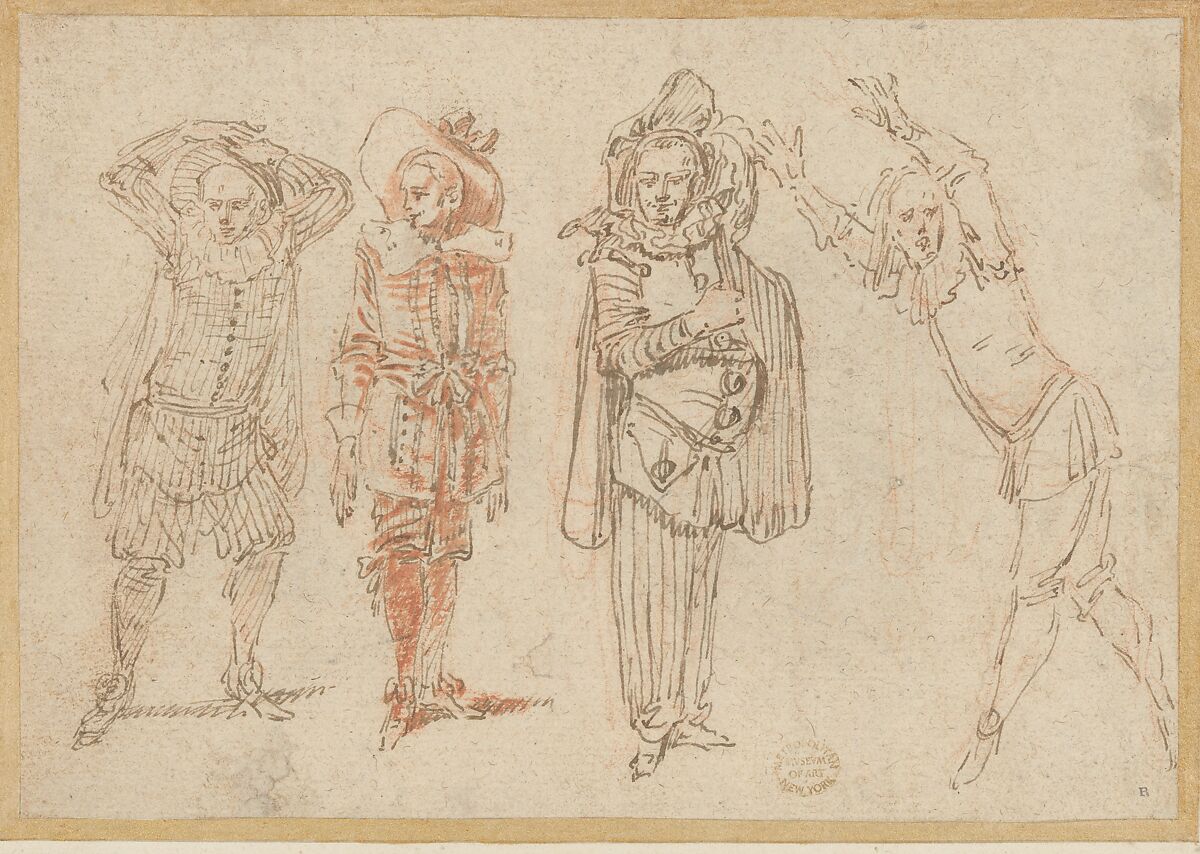 Figures in Theatrical Costumes, Claude Gillot (French, Langres 1673–1722 Paris), Pen and brown ink, brush and red wash, over red chalk