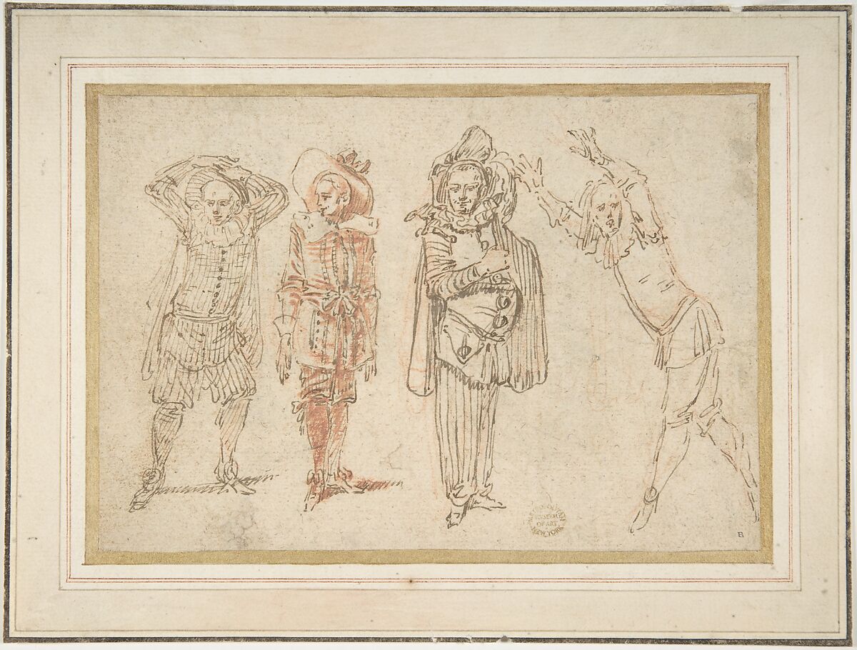 Figures in Theatrical Costumes, Claude Gillot  French, Pen and brown ink, brush and red wash, over red chalk