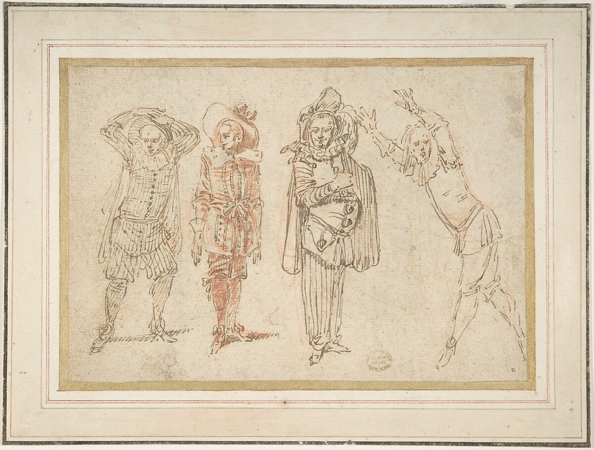 Figures in Theatrical Costumes, Claude Gillot (French, Langres 1673–1722 Paris), Pen and brown ink, brush and red wash, over red chalk 