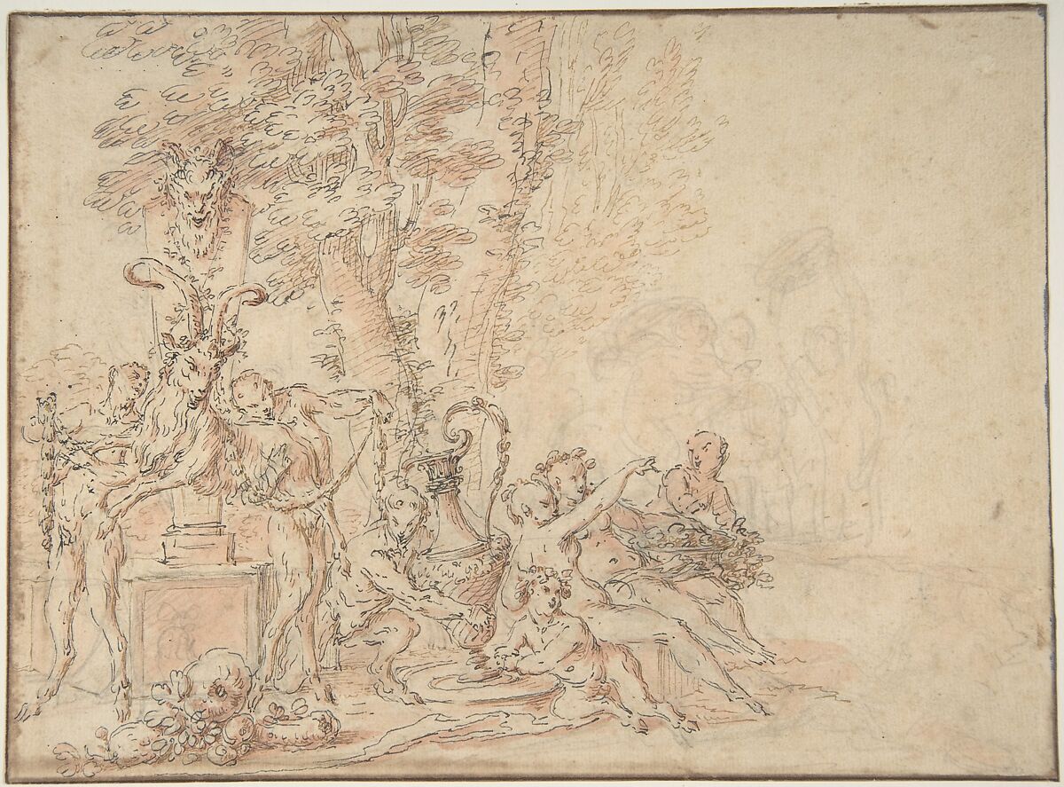 Satyrs Preparing for a Festival, Claude Gillot (French, Langres 1673–1722 Paris), Pen, brown and black ink, over black chalk with pink wash; framing lines in pen and brown ink 