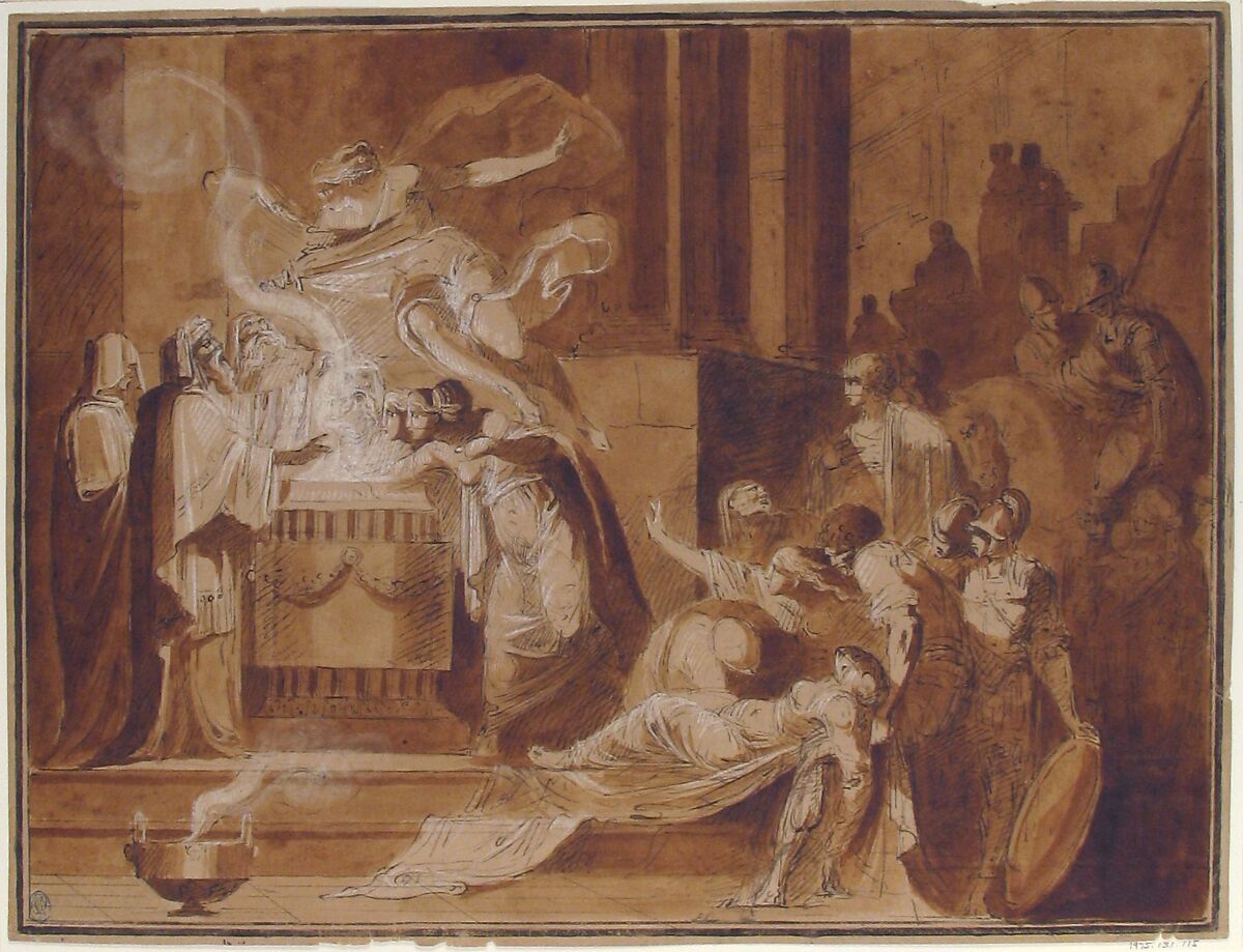 A Scene of Sacrifice, Anonymous, French, 18th century, Pen and black ink, brush and brown wash, heightened with white, on brown paper