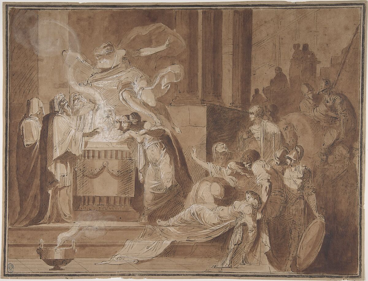 A Scene of Sacrifice, Anonymous, French, 18th century, Pen and black ink, brush and brown wash, heightened with white, on brown paper 