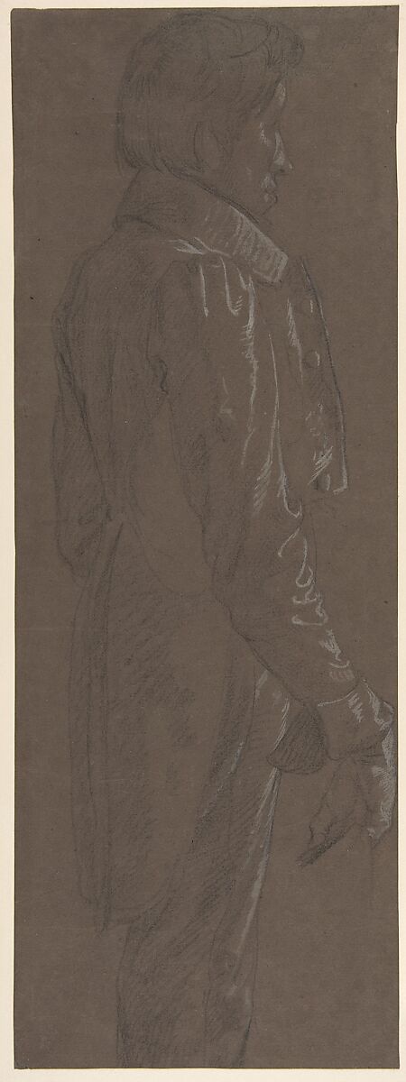 Standing Gentleman, three-quarter length profile facing right, Attributed to Anne Louis Girodet-Trioson (French, Montargis 1767–1824 Paris), Black chalk, heightened with white on dark brown paper 