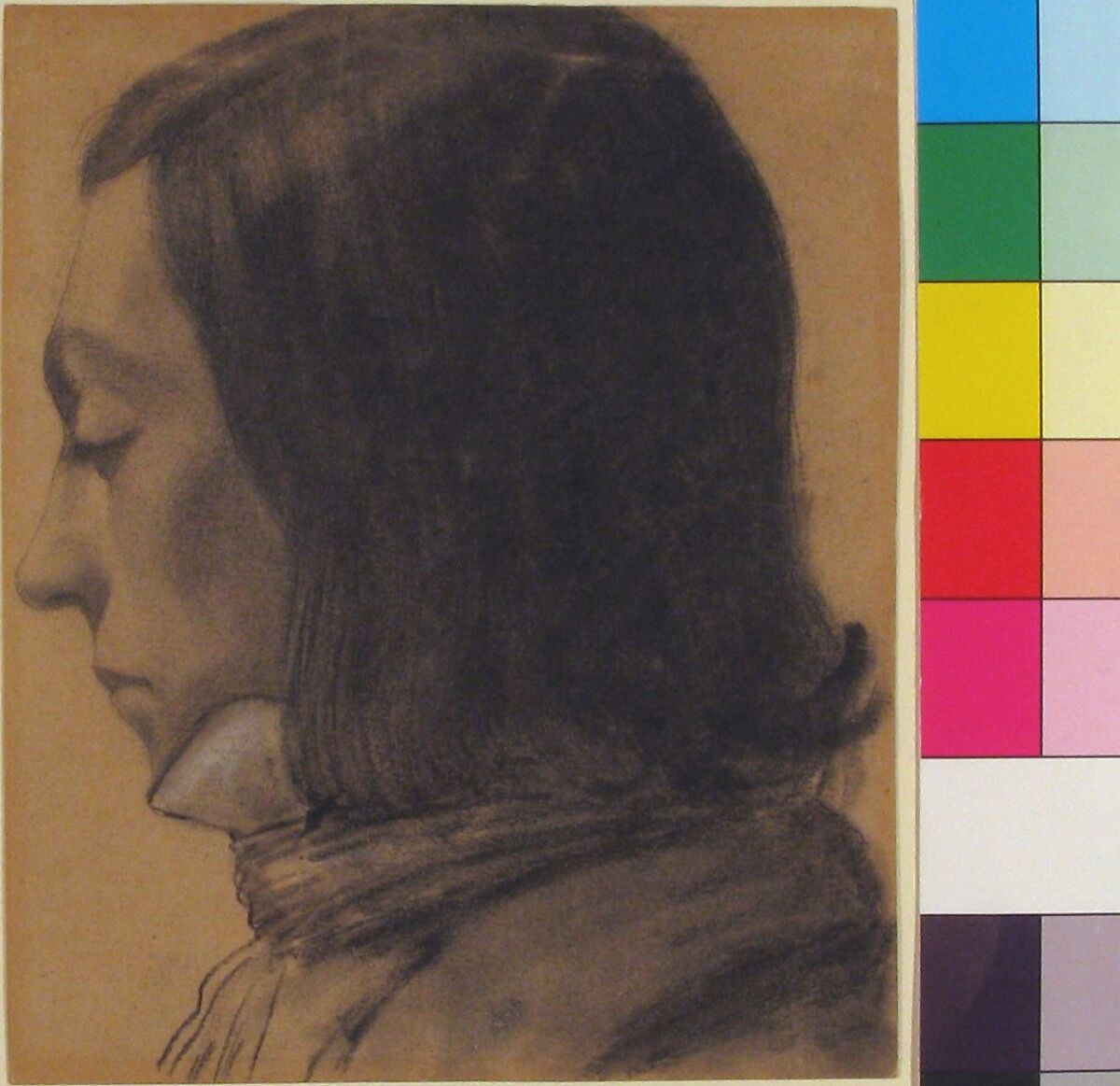 Head of a Young Man in Profile, to the Left, Anonymous, French, 18th century, Charcoal and black chalk, heightened with white on beige paper