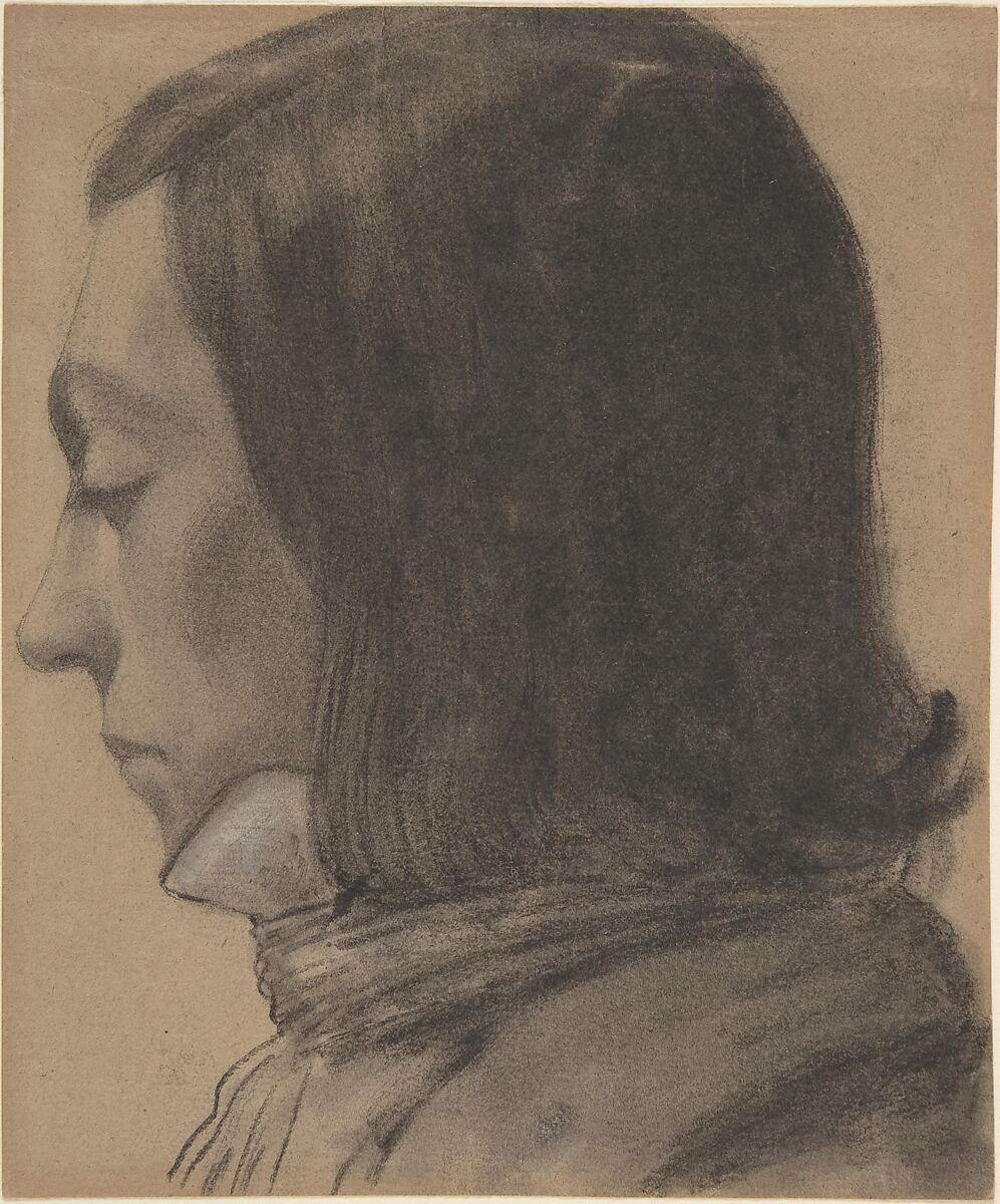 Head of a Young Man in Profile, to the Left, Anonymous, French, 18th century, Charcoal and black chalk, heightened with white on beige paper 