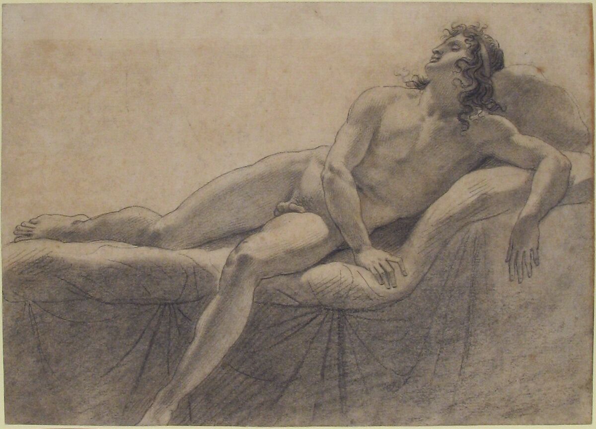 Male Nude Reclining on a Divan, Anne Louis Girodet-Trioson (French, Montargis 1767–1824 Paris), Black chalk with stumping