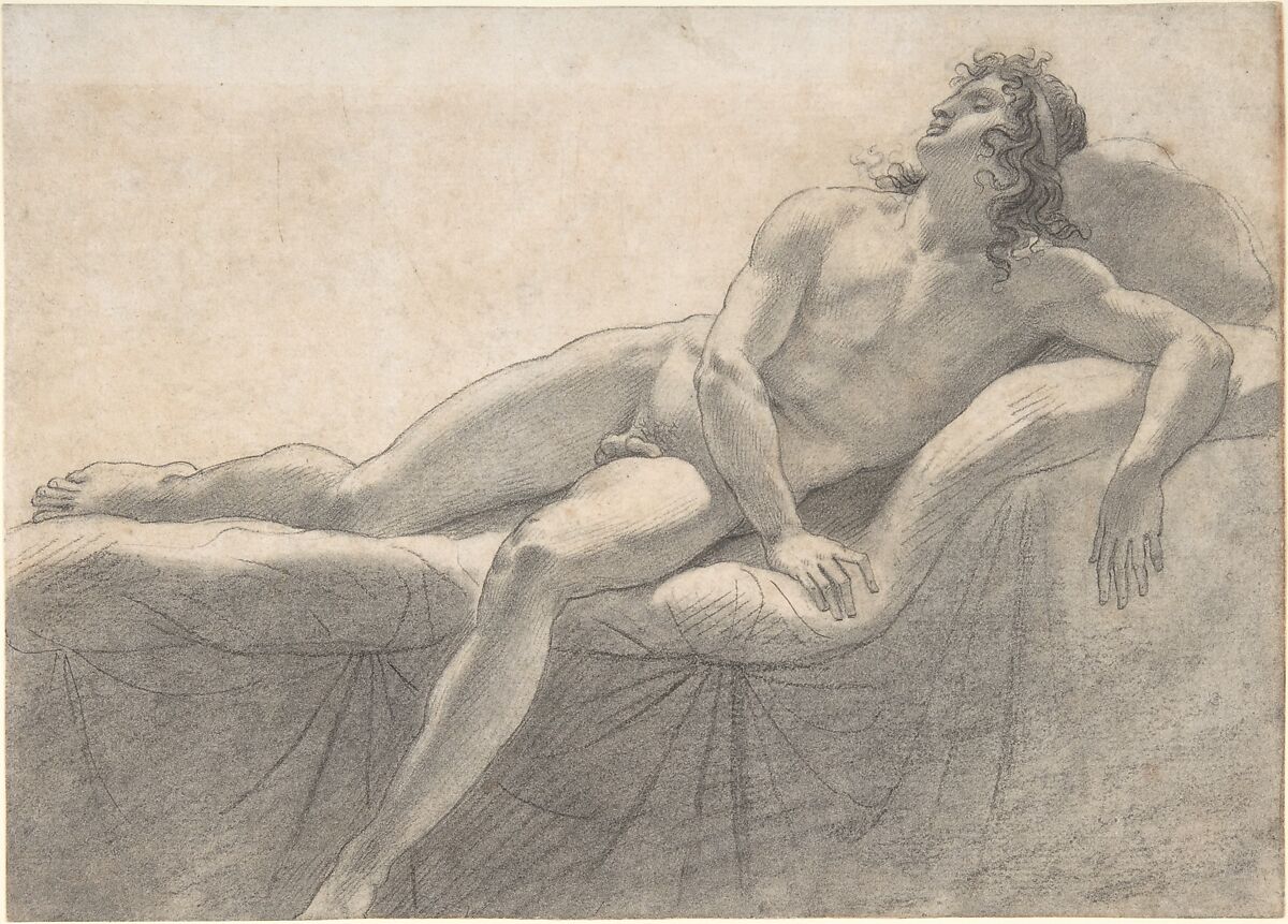 Male Nude Reclining on a Divan, Anne Louis Girodet-Trioson (French, Montargis 1767–1824 Paris), Black chalk with stumping 