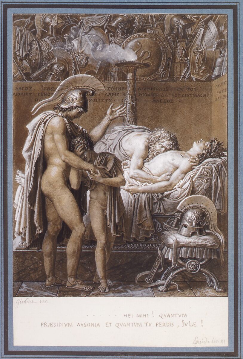 The Mourning of Pallas, Anne Louis Girodet-Trioson (French, Montargis 1767–1824 Paris), Pen and brown ink, brush and gray and brown wash, heightened with white