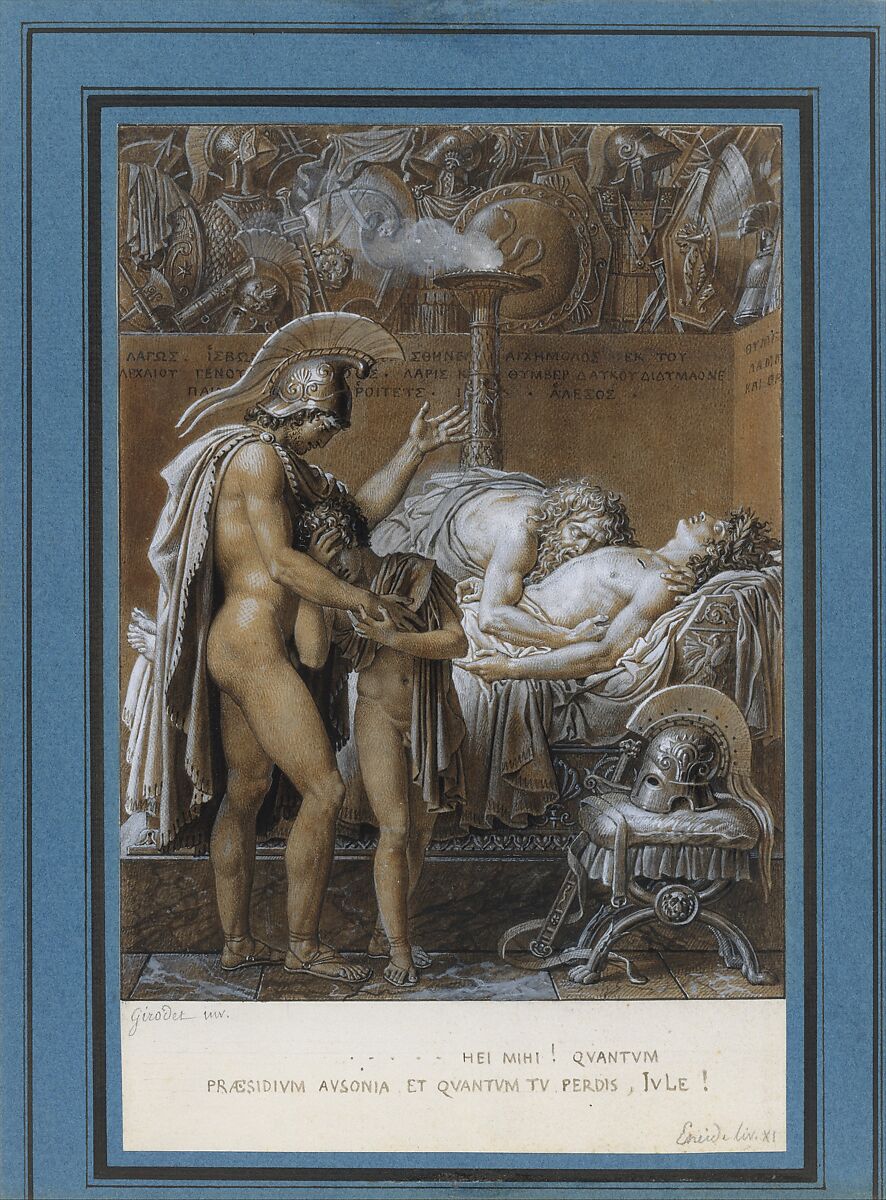 The Mourning of Pallas, Anne Louis Girodet-Trioson (French, Montargis 1767–1824 Paris), Pen and brown ink, brush and gray and brown wash, heightened with white