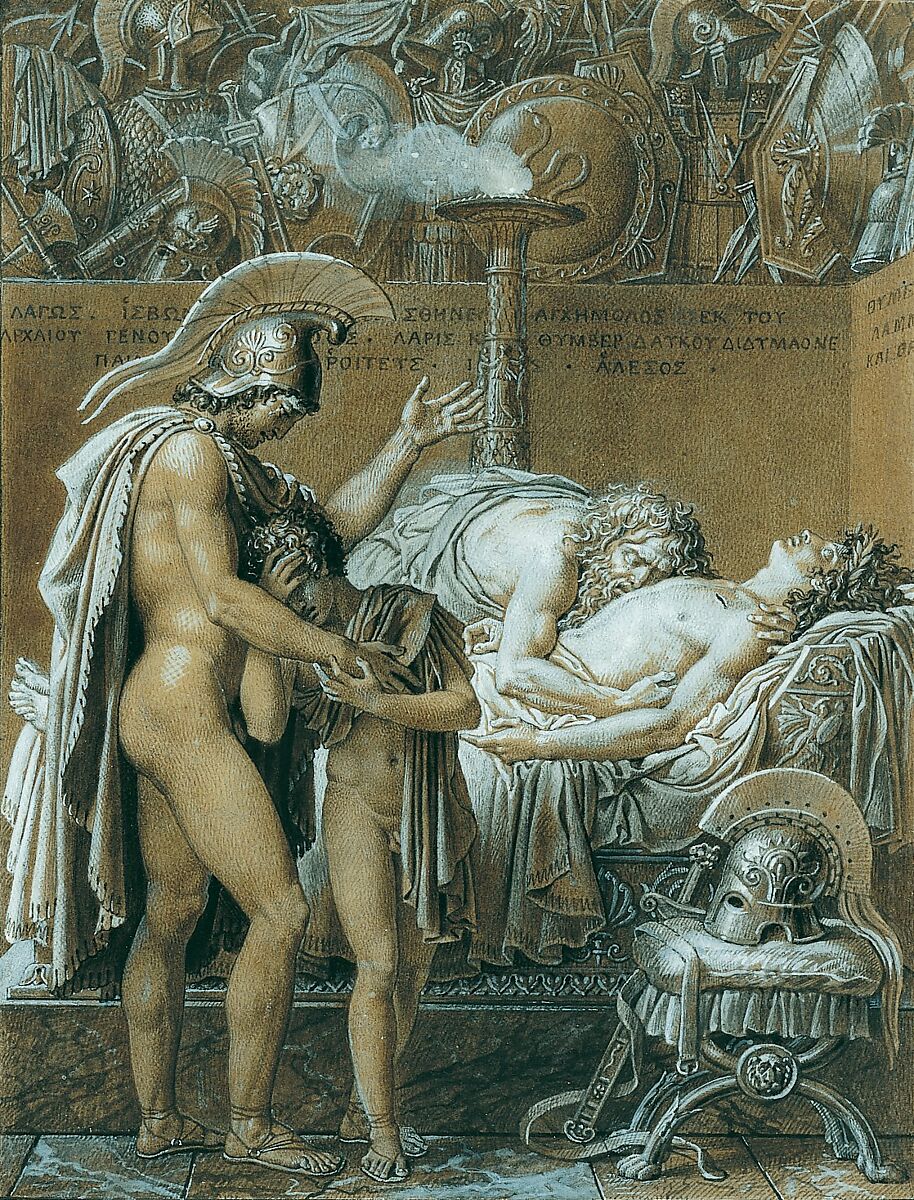 The Mourning of Pallas, Anne Louis Girodet-Trioson (French, Montargis 1767–1824 Paris), Pen and brown ink, brush and gray and brown wash, heightened with white