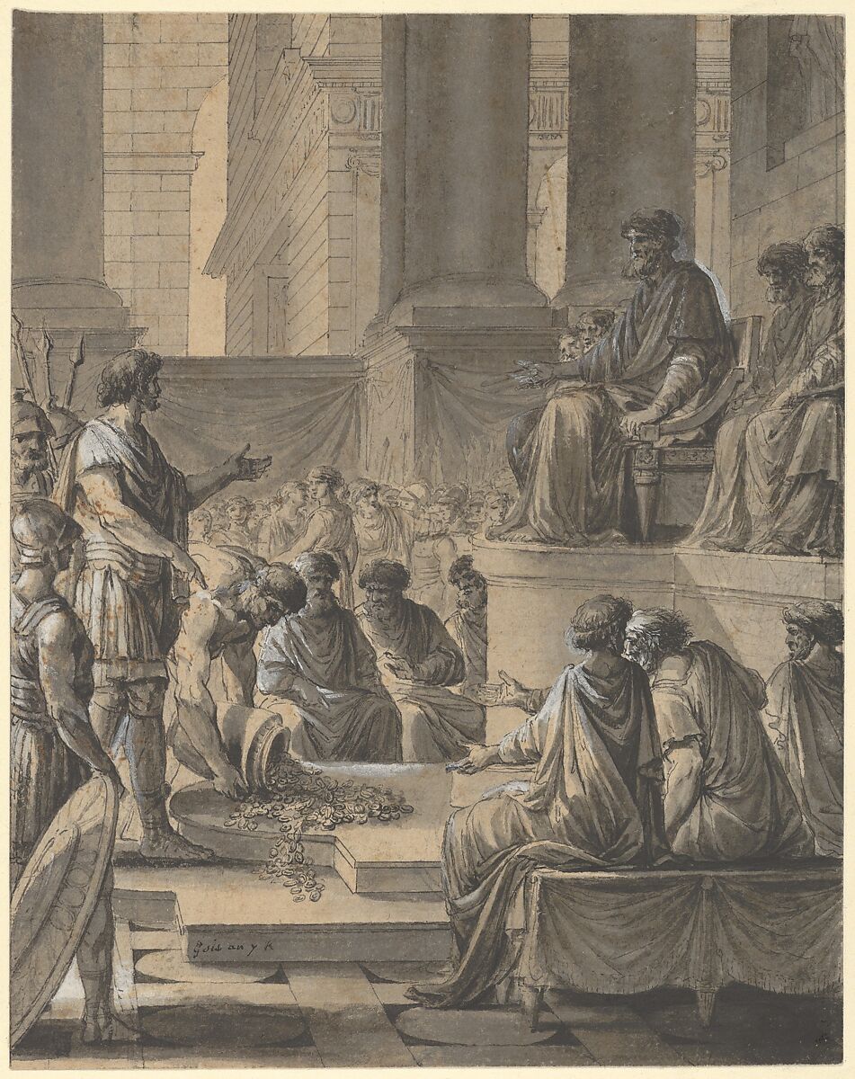 Hannibal Before the Senate in Carthage, Etienne Pierre Adrien Gois (French, Paris 1731–1823 Paris), Pen and black ink, gray wash, heightened with white; verso: point of brush and gray wash 