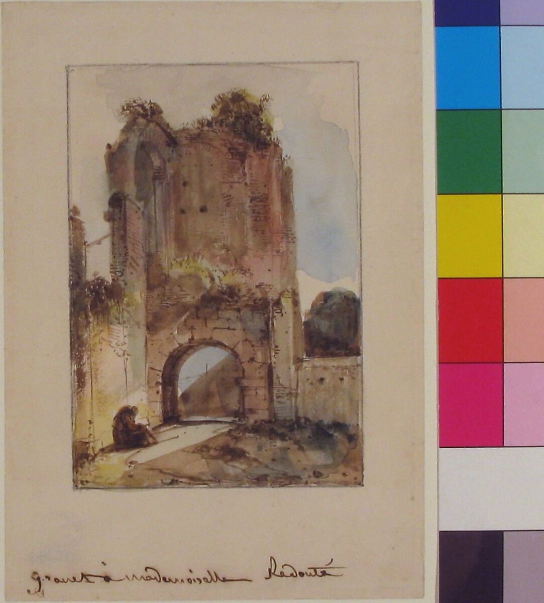 Monk Seated Before a Ruined Gateway, François Marius Granet (French, Aix-en-Provence 1775–1849 Aix-en-Provence), Pen and brown ink, watercolor